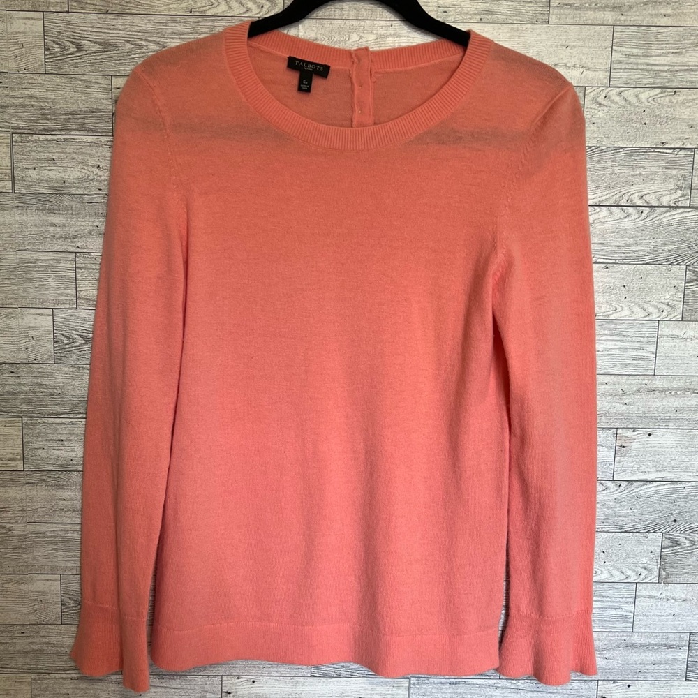 Talbots Coral Lambswool Nylon Pullover Sweater Flared Cuff Gold Buttons S-Petite